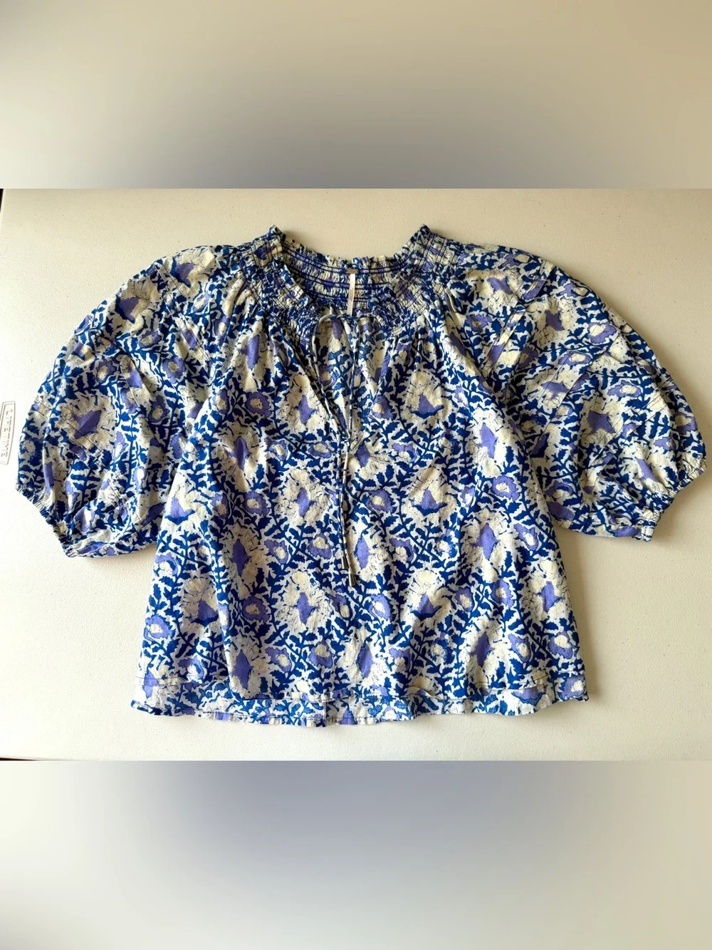 Free People Cotton Willow Printed Boho Blouse Smock-Neck Short Puff Sleeve